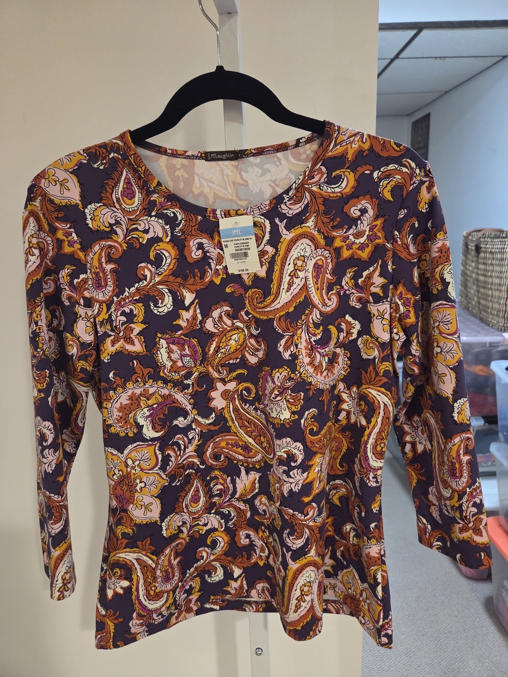 J. McLaughlin Purple Paisley Long-Sleeve Dress with Orange & Pink Accents